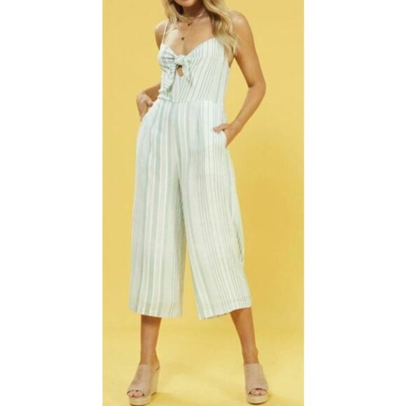 MINKPINK Pants - MINKPINK Low Tide Tie Front Cropped Jumpsuit Green White XS